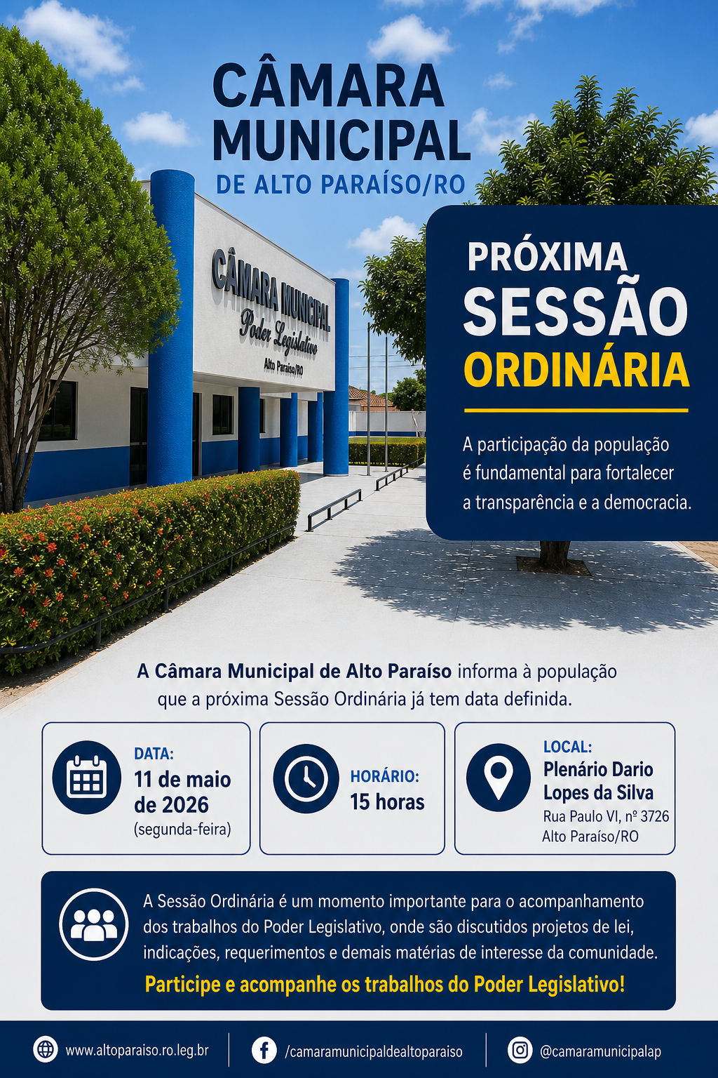 Câmara Municipal de Alto Paraíso convoca população para Sessão Ordinária em 11/05